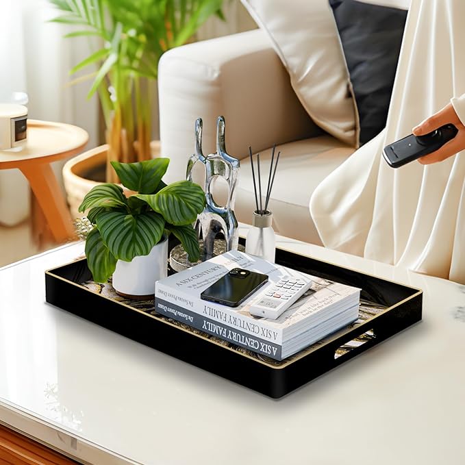 MAONAME Black Decorative Tray with Handles, Plastic Serving Tray for Coffee Table, Marbling Rectangular Tray for Ottoman, Bathroom, Storage, 15.7" Lx 10.2" W X 1.57" H
