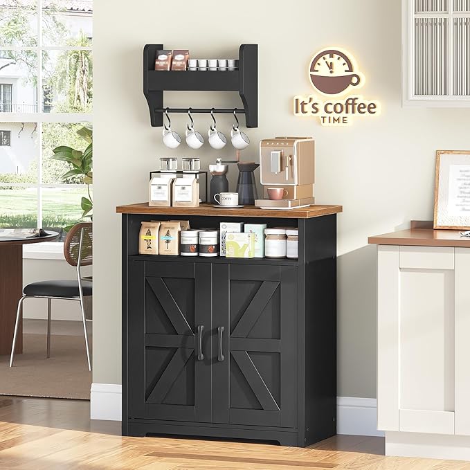Coffee Bar Cabinet, Kitchen Island with Storage, Farmhouse Sideboard Buffet Cabinet with Dual-Purpose Floating Shelf and Hooks, for Restaurant, Living Room, Rustic Brown KF22BR
