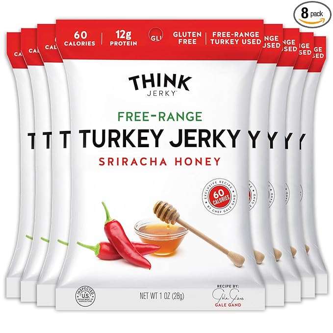Think Jerky Sriracha Honey Turkey Jerky, Chef Crafted Free Range Turkey, Gluten Free, No Antibiotics or Nitrates, Healthy Chef Crafted Recipe, Low Calorie and Low Fat - 1.0 oz Bags, 8 Pack