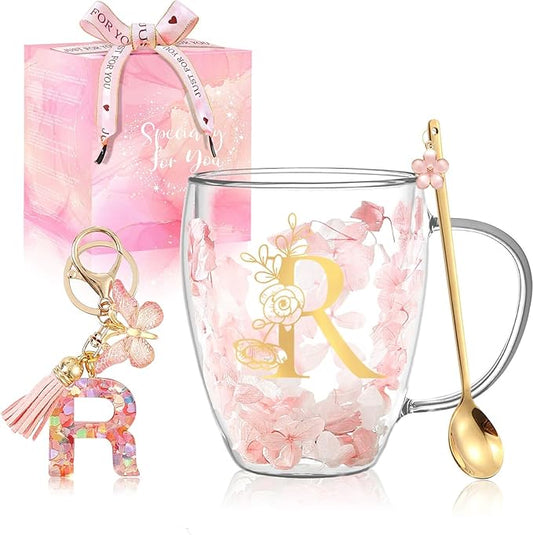 Personalized Gift for Women Flower Glass Coffee Mug Initial Tea cup Monogrammed Customized Bridesmaid Bride Wedding Gifts Graduation Gifts Valentine Mother's Day Birthday Christmas Gift (R)