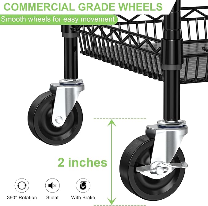 Rolling Utility Storage Carts with Wheels 3 Tier Heavy Duty Metal Cart 750Lbs Capacity Adjustable Kitchen Organizer Cart with Handle & Shelf Liner Commercial Grade Trolley for Indoor & Outdoor Use