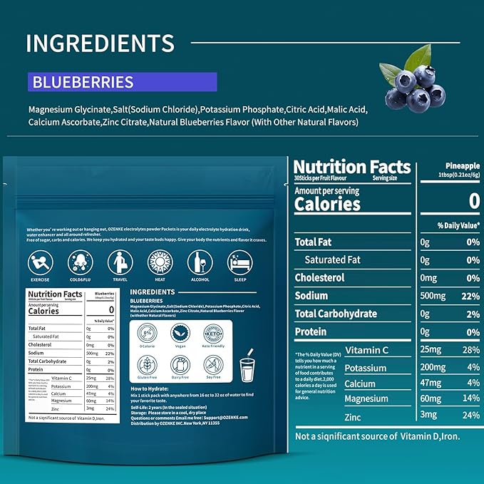 Electrolytes Powder Packets, 30 Sticks Hydration Packets Sugar Free, Electrolyte Drink Mix Portable Electrolyte Packet for Rapid Hydration, 0 Sugar & 0 Calorie, Blueberry Flavor