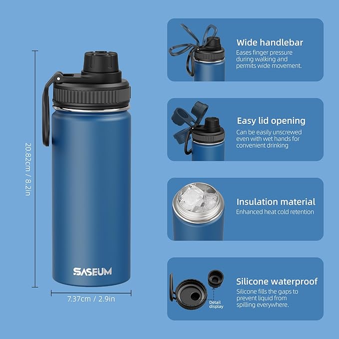 SASEUM Kids Sport Water Bottle 16oz Stainless Steel Double Wall Vacuum Thermal Mug with Leak Proof Spout Lids, Wide Mouth Metal Insulated Water Jug for Gym and Travel（Navy）