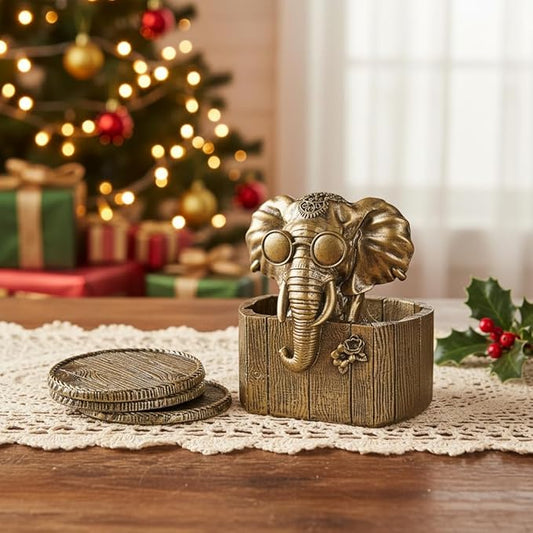 Cabin Coasters Set 6 Full Size Non-Slip Bar Coasters, Indoor Christmas Decorations, Man Cave Gifts for Men, Rustic Handmade Decor for The Home (Elephant)