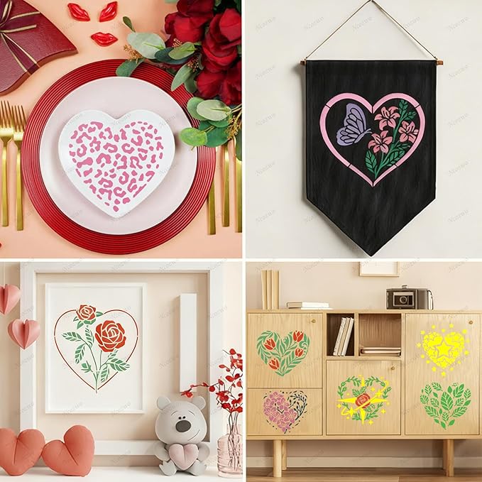 Valentines Day Cake Stencils Kit Reusable Cookie Coffee Stencil Drawing Template for Dessert Buttercream Painting Envelopes DIY Crafts Wall Floor Decor (16 Pcs Heart)