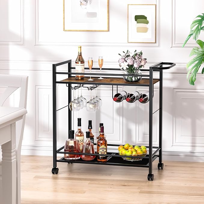 Bar Cart,Home Bar Serving Cart with Storage Shelves, 2 Tier Rolling Beverage Cart with Wheels, Modern Wine Cart with Wine Rack and Glass Holder for Kitchen, Living Room,Dinning Room,Brown