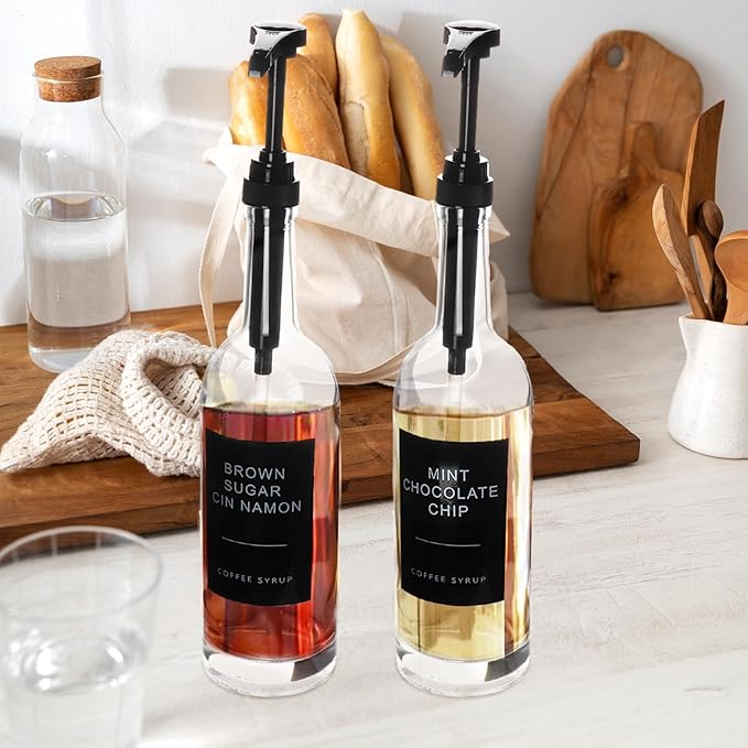 MSTCMZP 25.4 oz 750 ml Glass Coffee Syrup Dispenser for Coffee Bar With Pump & Lables Glass Syrup Bottle Included -4 Pack
