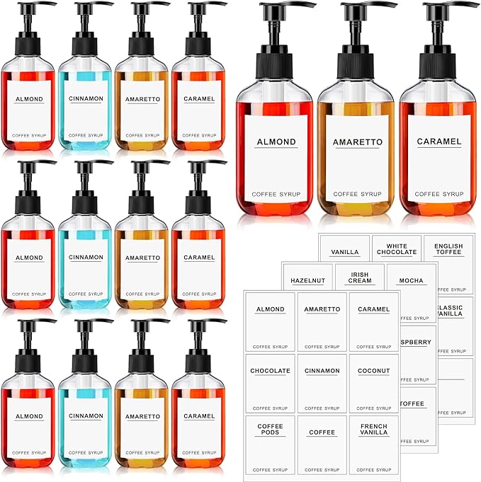 Mumufy Set of 12 Coffee Syrup Dispenser PET Syrup Pump Bottle Black Plastic Container with 27 Labels for Kitchen Restaurant Home Bar Accessories Organization(7 oz)