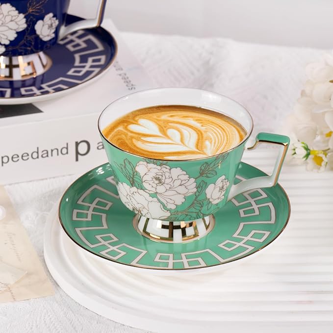 KAMMAK Ceramic Coffee Cups Saucers Set of 2, Porcelain Espresso Cups with Saucers, 8.12 oz Handcrafted Elegant Bone China Tea Cups, Peony Flower Pattern Teacup for Party, Office, Women Gift