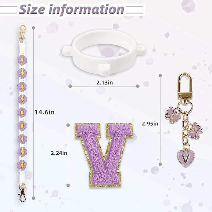 Compatible with Owala Water Bottle Accessories, Cute Letter Charm Set with Boho Handle Strap, Monogram Sticker, Silicone Ring, Keychain Decoration, for FreeSip 24 32 40oz, Owala Kids, Tumbler Gift