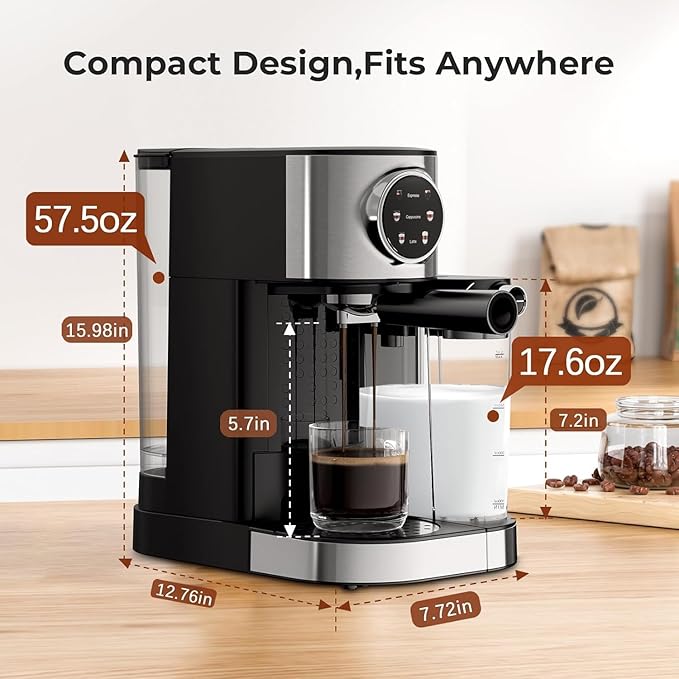 Espresso Machine 20 Bar, Super Compact Espresso Maker Stainless Steel with Touch Screen, Professional Coffee Machine, Automatic Milk Frother for Cappuccino