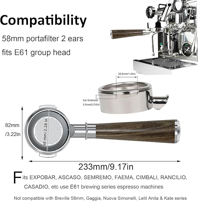 58mm Bottomless Nakeds Portafilter with Premium Ebony Wood Handle - Stainless Steel, Includes 18g Precision Basket for E61 Group-Head Espresso Machines