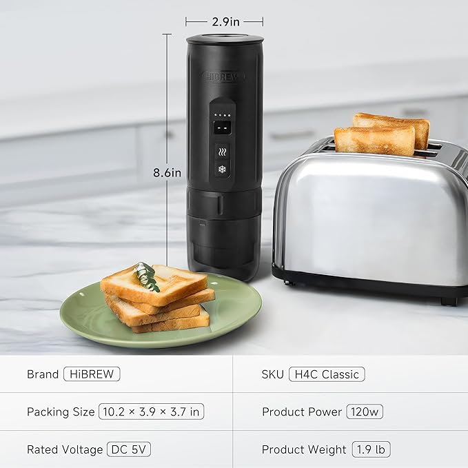 HIBREW H4C Classic - Portable Electric Espresso Maker, USB-C Rechargeable for Coffee Pods & Ground Coffee, Compact for Home and Travel (Black)