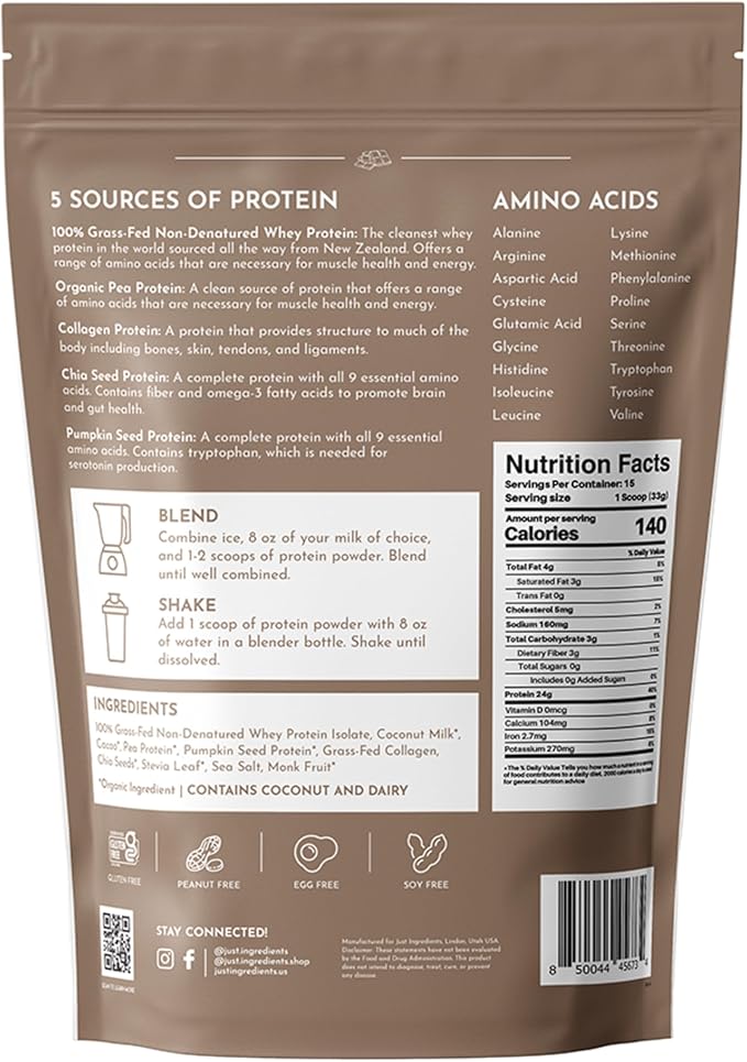 JUST INGREDIENTS Protein Powder - Chocolate, Grass-Fed Whey, Organic Whole Food Blend - 15 Servings, 24g Protein