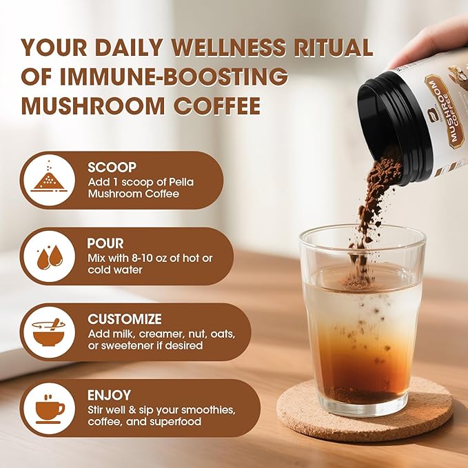 Mushroom Coffee Powder with MCT Oil - 10 Mushrooms Lion's Mane, Turkey Tail, Reishi, Cordyceps & Chaga - Arabica Instant Mushroom Coffee for Focus, Immune, Gut & Brain Health | Vegan, Keto