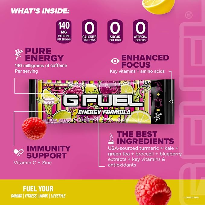 G Fuel Hype Sauce Energy Powder Packets, Sugar Free, Clean Caffeine Focus Supplement, Water Mix, Raspberry + Lemonade Flavor, Focus Amino, Vitamin + Antioxidants Blend - 6 Stick Pack, 0.25 oz
