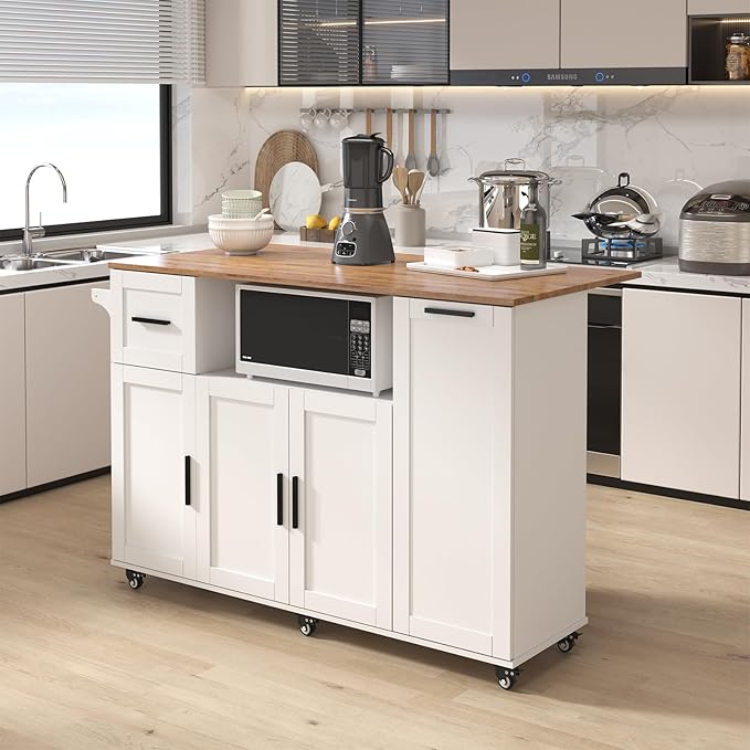 Rolling Kitchen Island Cart on Wheels,59" Mobile Island Carts with Folding Drop Leaf & 2 Storage Cabinet,Portable Prep Table with Drawer & Trash Storage Cabinet for Kitchen,White