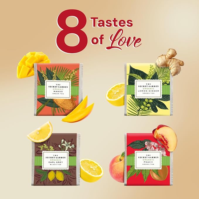 Life Plus Style Gourmet The Secret Garden Organic Tea Gift Set 80 Tea Bags 8 Flavors Green & Black Assorted Pack Sampler Tea Set Collection with Mango & Fruit Infusions Premium Birthday Gift for Women