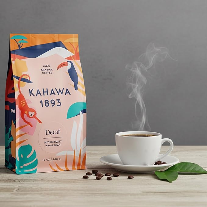 Kahawa 1893 Whole Bean Coffee Medium Roast Decaf Blend 12 Oz - As Seen on Shark Tank, Naturally Sweet, Organically Grown, Ethically & Sustainably Sourced