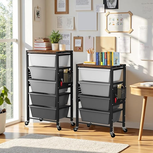 Rolling Cart with 5 Drawers, Plastic Drawer Storage Carts with Wheels & Wooden Tabletop, Metal Utility Cart with Pegboards, Office Living Room Classroom Craft Organization and Storage, Dark Grey