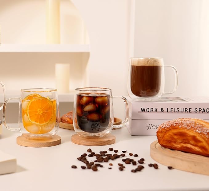 CNGLASS Large Double Wall Glass Coffee Mug 15.2oz,Clear Insulated Glass Espresso Cup with Big Handle,set of 1