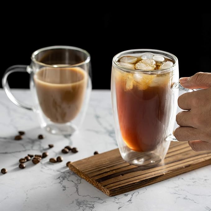 MEWAY 16oz/6 pack Coffee Mugs, Thickened Clear Glass Double Wall Cup with handle for Coffee, Tea, Latte, Cappuccino (16 oz，6)