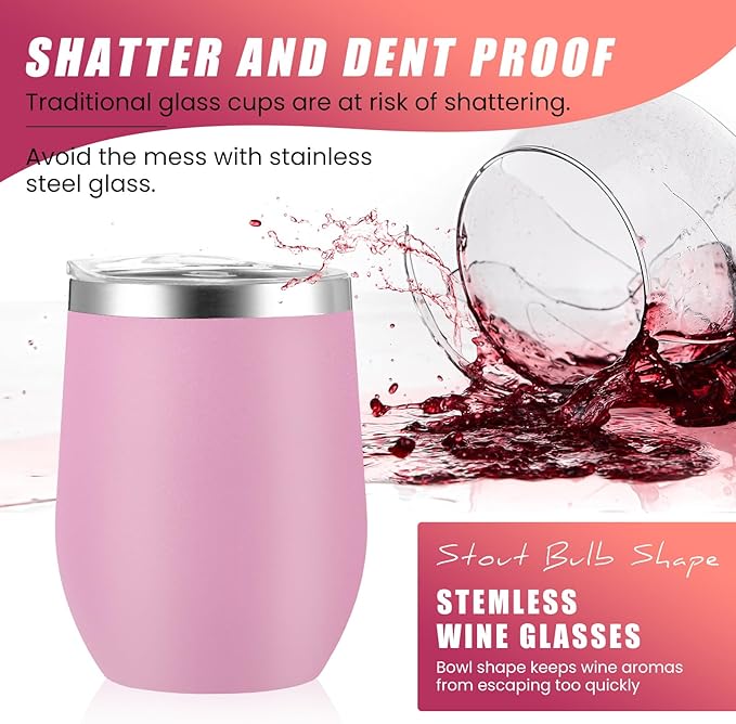 16 Pack Stainless Steel Wine Tumblers 12 oz Insulated Vacuum Wine Cup Set Double Wall Stainless Steel Stemless Mug Glasses for Coffee Soda Whiskey Outdoor Travel (Pink)