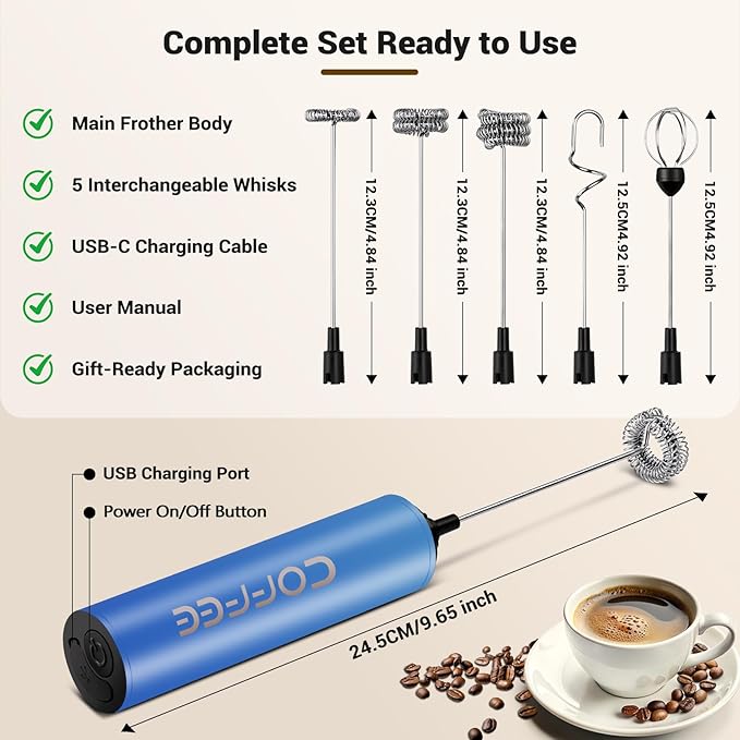 Milk Frother Handheld Rechargeable - 2-Speed Electric Whisk with 5 Detachable Heads (Frother/Mixer/Whisk) for Coffee, Latte, Cappuccino & Matcha, Drink Mixer (Flower 11)