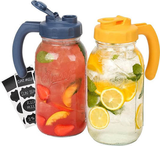 Soligt Glass Mason Jar Pitcher with Lid, Wide Mouth Flip Cap Pour Spout Leak-proof Lid with Handle, 64 oz (2 Quart / 1.9 Liter), Navy and Yellow, 2 Pack