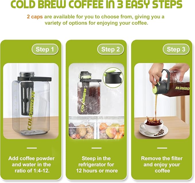 Itslife Cold Brew Coffee Maker, 68oz Iced Coffee Tritan Pitcher with Filter, 2 Pour Spout Lids For Airtight & Leak-Proof Coffee Barrel(Black)