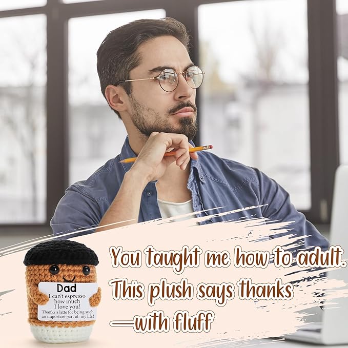 Mini Funny Coffee Dad Gifts from Daughter Son Wife, Handmade Crochet Fathers Day Birthday Gift for Daddy Bonus Step New First Time Dad Husband, Office Desk Decor Handmade Emotional Coffee