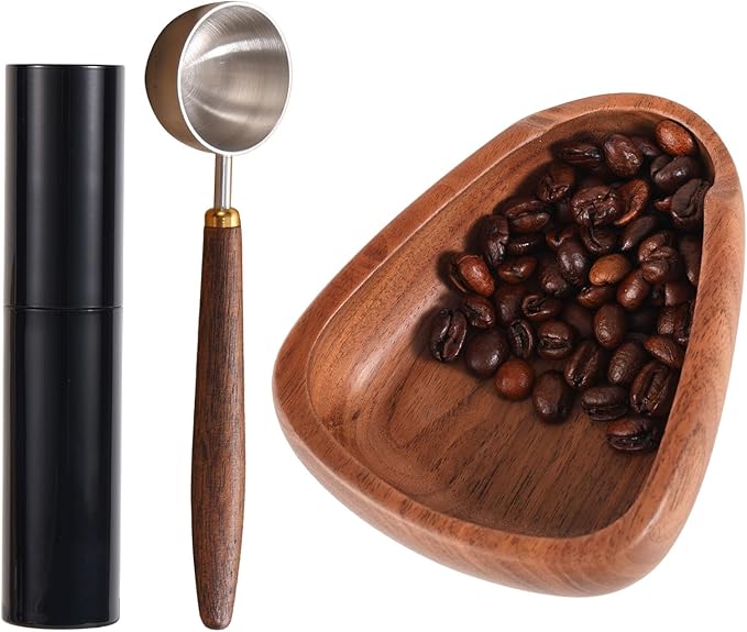 3pcs Espresso Bar Accessories Kit, Include Walnut Wood Coffee Bean Dosing Cup Measuring Tray and Static Reduction Spray Bottle and Spoon for Coffee Lovers Gift