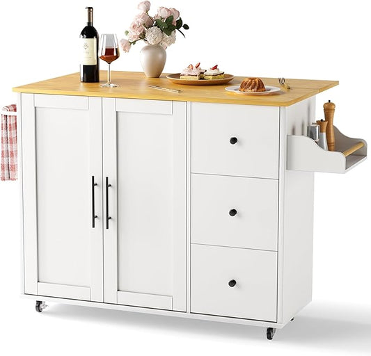 Kitchen Island on Wheels with Storage-Multifunctional Kitchen Island Cart with Drop Leaf, Rolling Island with Spice/Towel Rack,Expandable Island Table Kitchen,39.37" Width,White