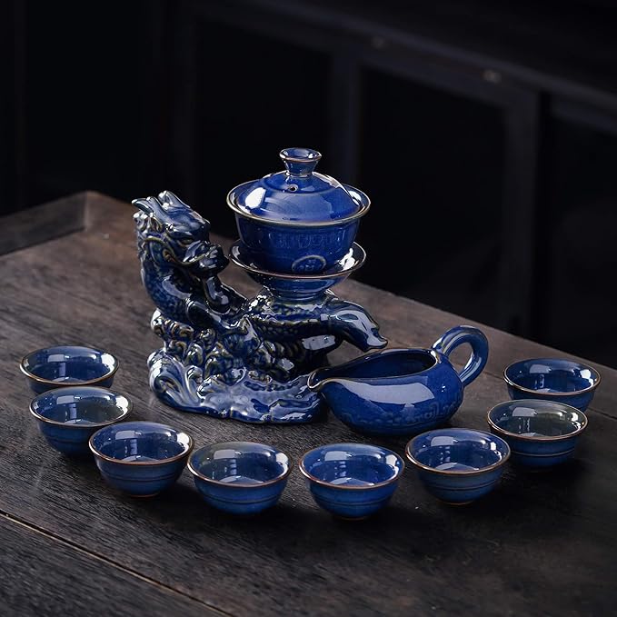 Semi Automatic Tea Set Ceramic Teapot with Infuser Magic Teapot with 8 cups (Dark Blue Dragon-B)