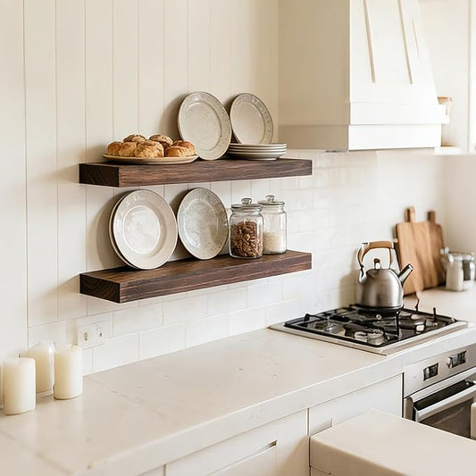 Floating Wall Shelf 16x6.8x1.7 Inch – Solid Wood Shelf in Walnut Finish – Wall Mounted Rustic Display Organizer for Bathroom, Kitchen, Bedroom, Small Spaces – Set of 2