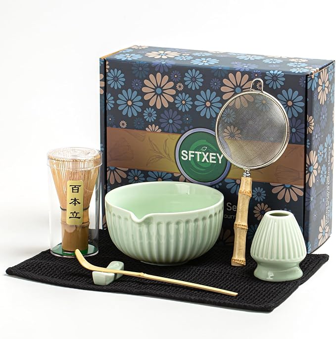 Matcha Whisk Set, Matcha Set Includes Ceramic Matcha Bowl, Matcha Whisk and Holder, Bamboo Scoop, Sifter, Scoop Rest and Tea Towel - 7 Pcs Matcha Making Kit for Matcha Lover and Tea Ceremony