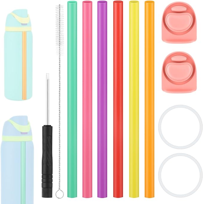 BOXOB Replacement Parts Kit for Owala FreeSip Water Bottle 24oz 32oz, Including 2 Replacement Stopper 2 Sealing Ring 6 Straw 1 Screwdriver & 1 Straw Brush