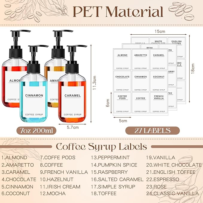 Mumufy Set of 12 Coffee Syrup Dispenser PET Syrup Pump Bottle Black Plastic Container with 27 Labels for Kitchen Restaurant Home Bar Accessories Organization(7 oz)