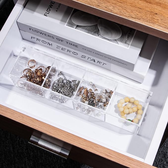 Yeeco Clear Acrylic Capsule Holder with Lid, 4 Section Rectangle Drawer crylic Organizer with Lid 10”×2.6”×2.6” 4 Compartments Desk Cube Containers for Jewelry，Candy，Coffee，Make Up Accessories