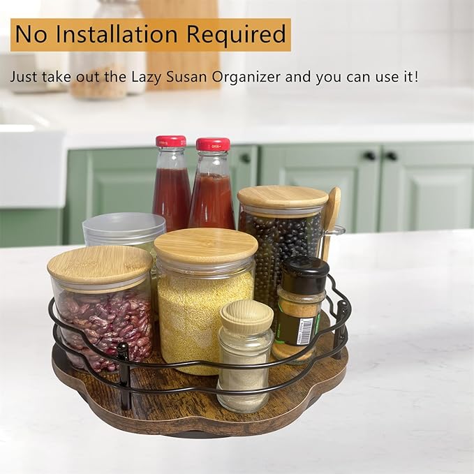 BaiWinlar Lazy Susan Turntable Organizer with Higher Metal Sides, 11" Wooden Lazy Susan Spice Rack Organization and Storage for Cabinet,Kitchen,Countertop,Table Top,Dining Table,Coffee Bar Decor