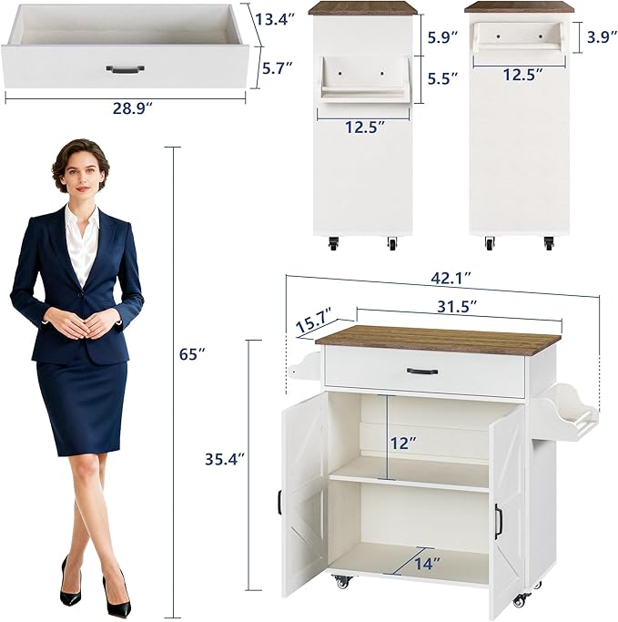 Mobile Multi-Function Kitchen Island Cart with Storage, White Cabinets, Drawers & Counter Block, Featuring a Portable Microwave and Coffee Bar on Rolling Wheels