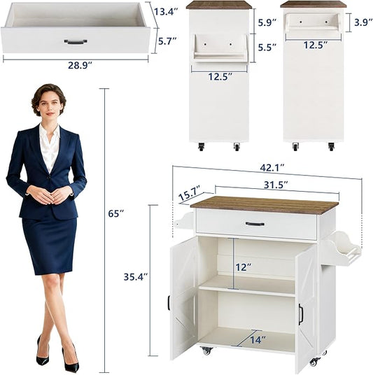 Mobile Multi-Function Kitchen Island Cart with Storage, White Cabinets, Drawers & Counter Block, Featuring a Portable Microwave and Coffee Bar on Rolling Wheels