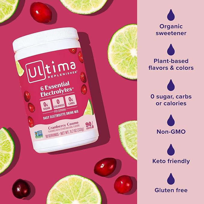 Ultima Replenisher Daily Electrolyte Powder Drink Mix – Sugar Free – Cranberry Cosmo, 90 Servings – Hydration Powder with 6 Key Electrolytes and Trace Minerals – Keto Friendly, Non-GMO