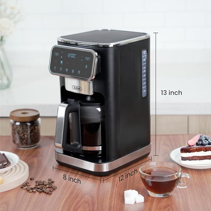 Gevi 12-Cup Programmable Coffee Maker with Touchscreen, Strong Brew & Iced Coffee Options, Auto Shut-Off, 4-Hour Keep Warm, Glass Carafe, Anti-Drip System, Permanent Filter Included