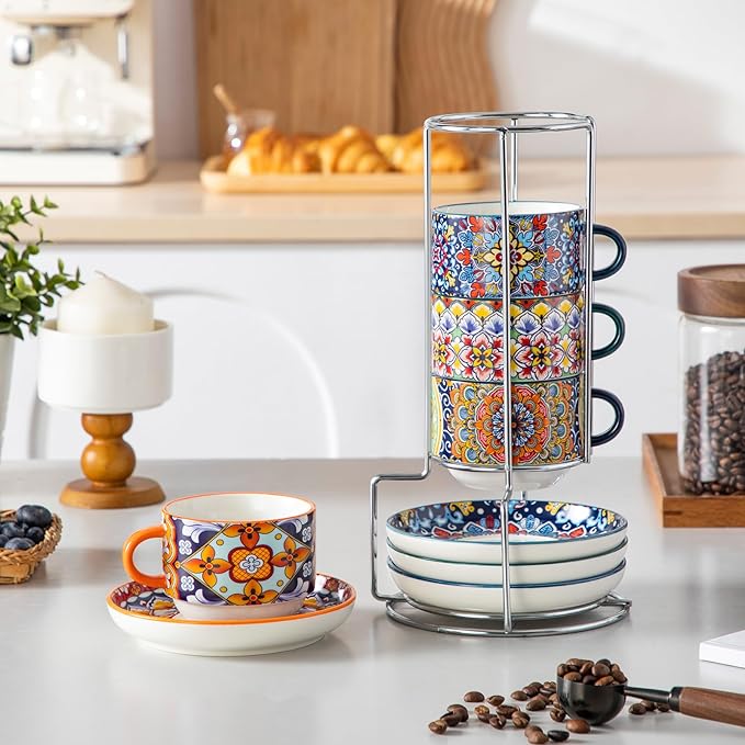 vancasso 8 Oz Stackable Espresso Cups with Saucers and Metal Stand Set of 4,Bohemian Ceramic Cappuccino Cups - Microwave and Dishwasher Safe, Perfect For Tea, Espresso, Latte, Cafe-03