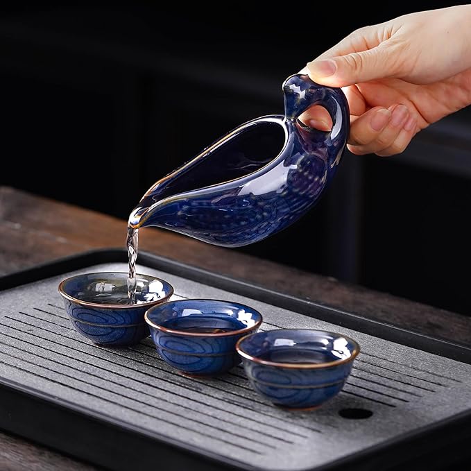 Semi Automatic Tea Set Ceramic Teapot with Infuser Magic Teapot with 8 cups (Dark Blue Dragon-D)