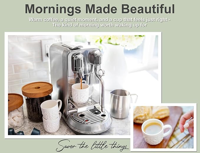 Ceramic Espresso Cups Set of 4 - White Cappuccino Cup with Nature-Inspired Engravings and Comfort-Grip Handle - 3.3 Oz Small Lead-Free Coffee Shot Mugs Safe for Dishwasher, Microwave, Oven, Freezer