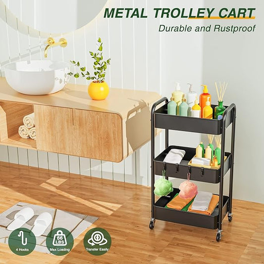 LEHOM 3 Tier Rolling Storage Cart, Metal Trolley Utility Cart with Wheels & Hooks, Easy Assembly Organizer Storage Cart for Bathroom Kitchen Office Bedroom