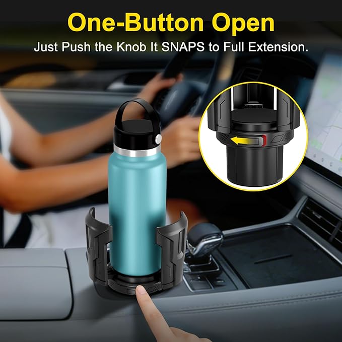Cup Holder Expander (Adjustable Holder & Base, Auto-Fit Hold, One Button Open), Car Cup Holder Expander for Yeti, Hydro Flask, Nalgene, Owala, Bottles in 2.6"- 4.8" (1 Pack, Black)
