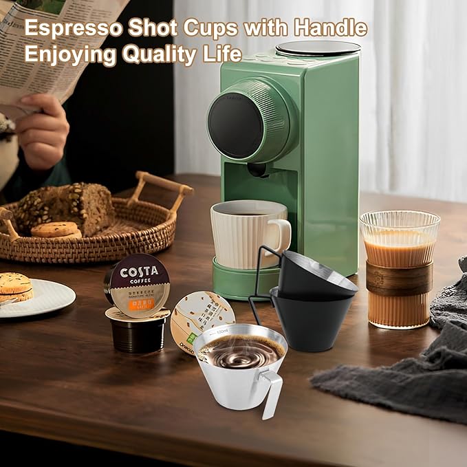 2Pcs Espresso Cups with Handle, WCHOSOZH 3.4OZ Espresso Accessories, Stainless Steel Spout Measuring Cup with Scale, Espresso Pouring Cup with V-Shaped Mouth (V-Deep Mouth - Black)